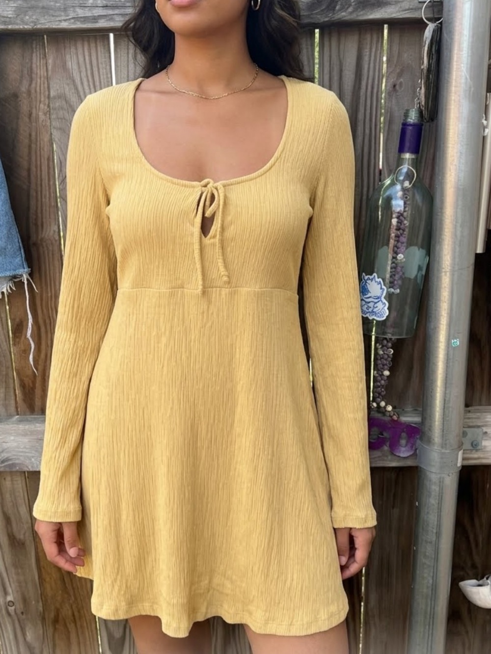 👗Free People Women's Mustard Long Sleeve Tie-Front dress